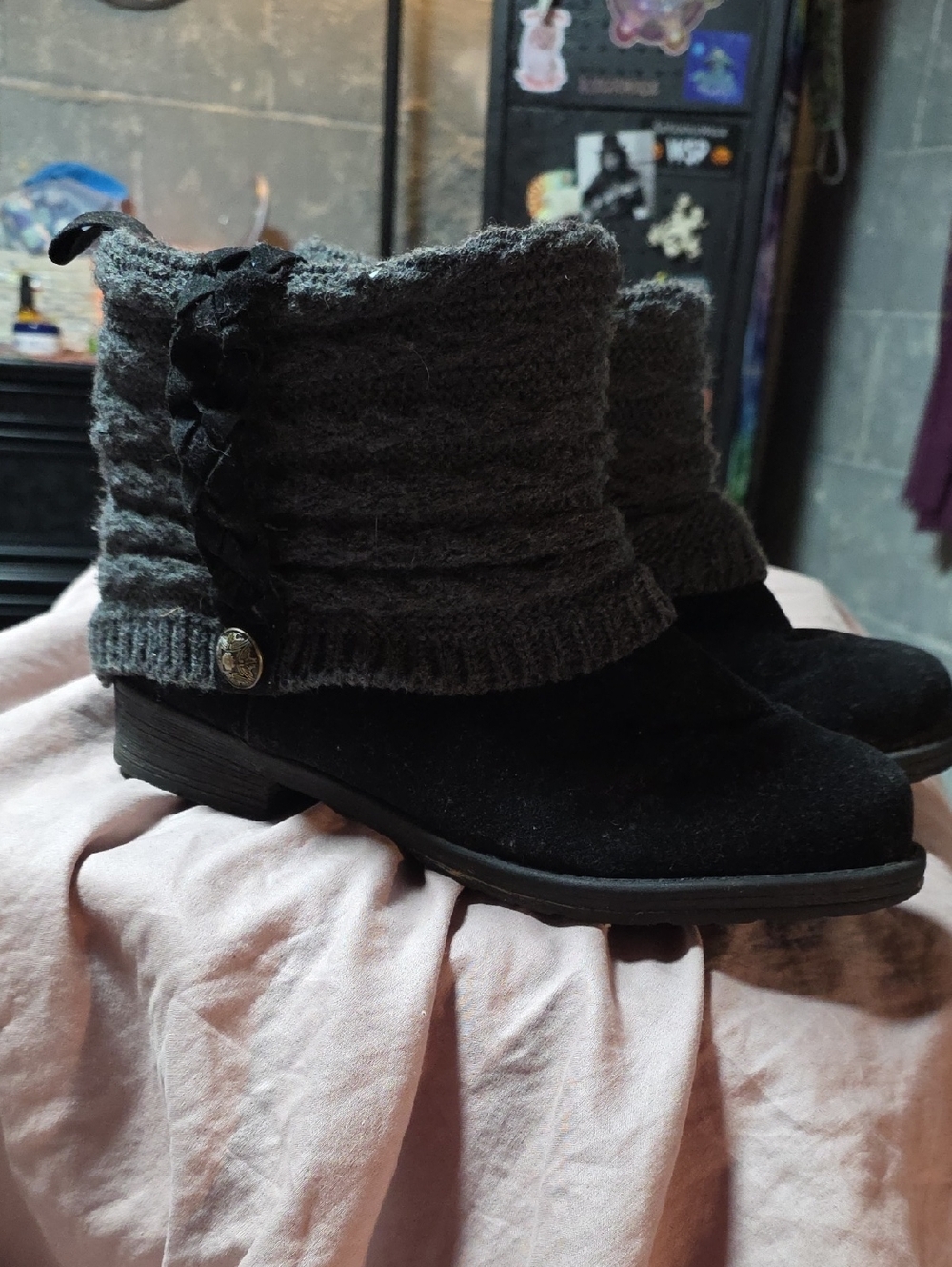 Muk Luks Black Suede Ankle Boots with Gray Knit Cuff